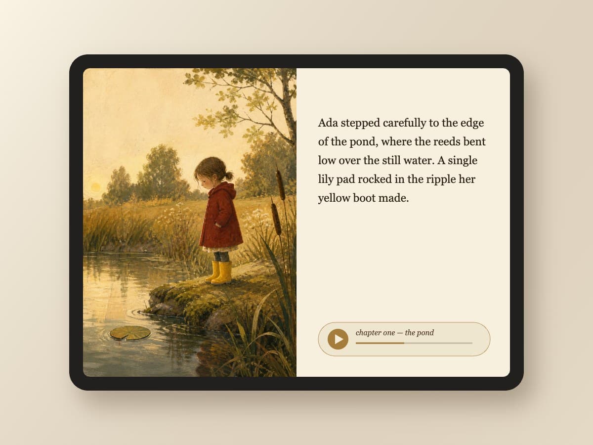 iPad showing Day mode: an illustrated page beside storybook text, with a narrator bar