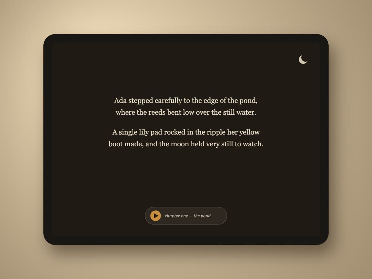 iPad showing Night mode: text-only page on a dark warm background with a small transport bar